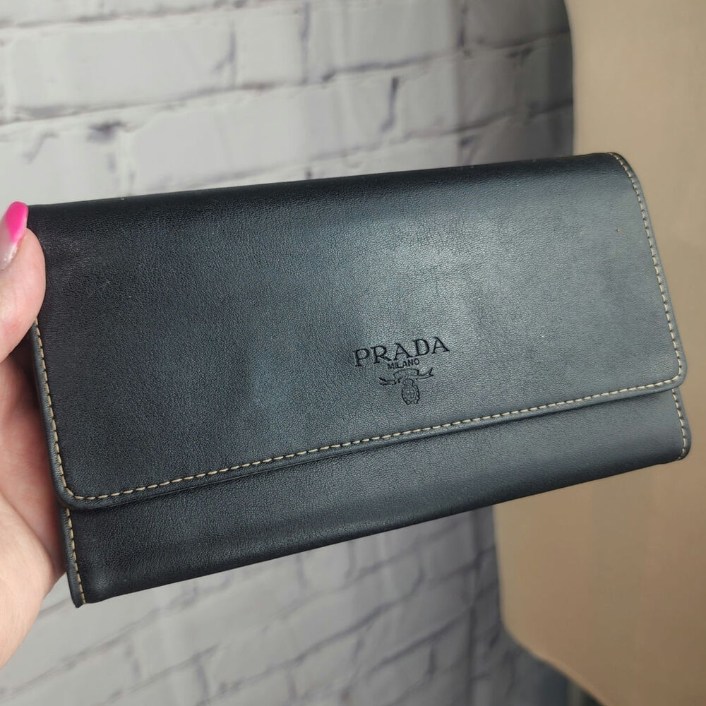 Vintage Prada long wallet Black leather Embossed logo envelope *read*